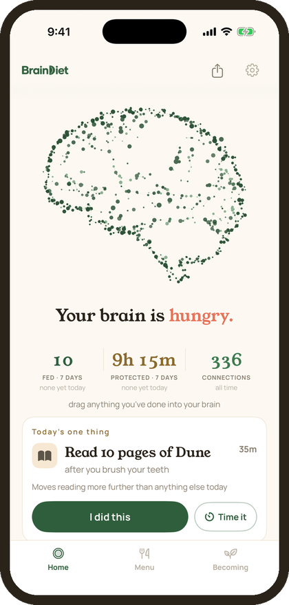 BrainDiet home screen showing today's step